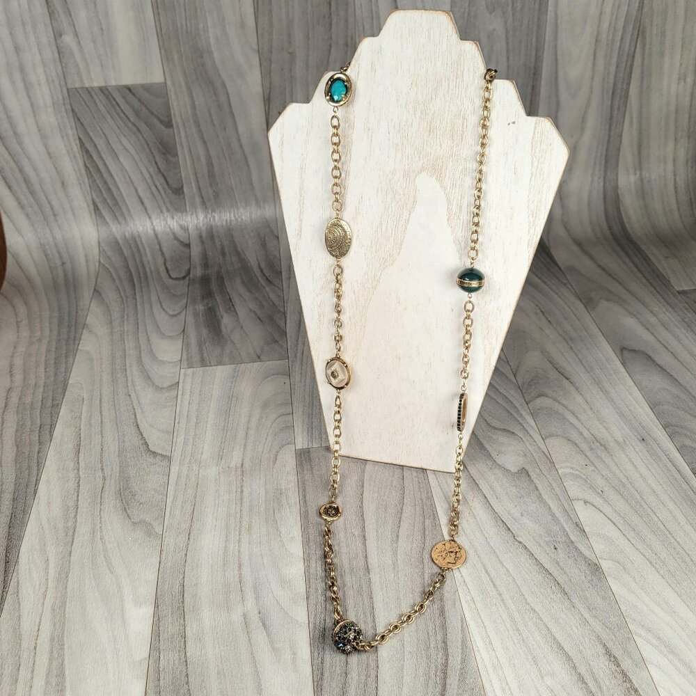 Chico’s Station Necklace Gold Tone Unique Mixed Media Rhinestone 40 Inch Signed